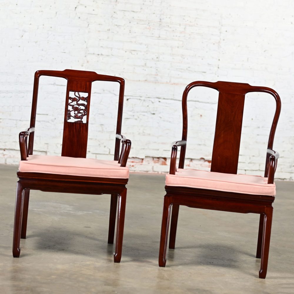 Late 20th Century Ming Style Rosewood Armchairs with Pink Velvet Seat Cushions Made in China a Pair