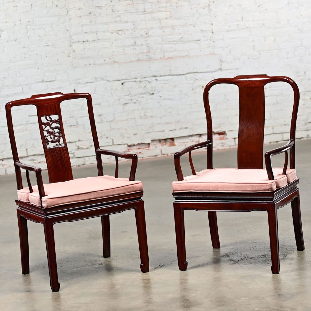 Late 20th Century Ming Style Rosewood Armchairs with Pink Velvet Seat Cushions Made in China a Pair