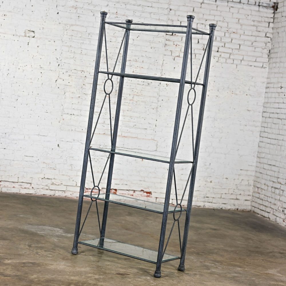 Late 20th Century Modern Etagere w/Black & Charcoal Gray Textured Metal Tube Frame & Glass Shelves