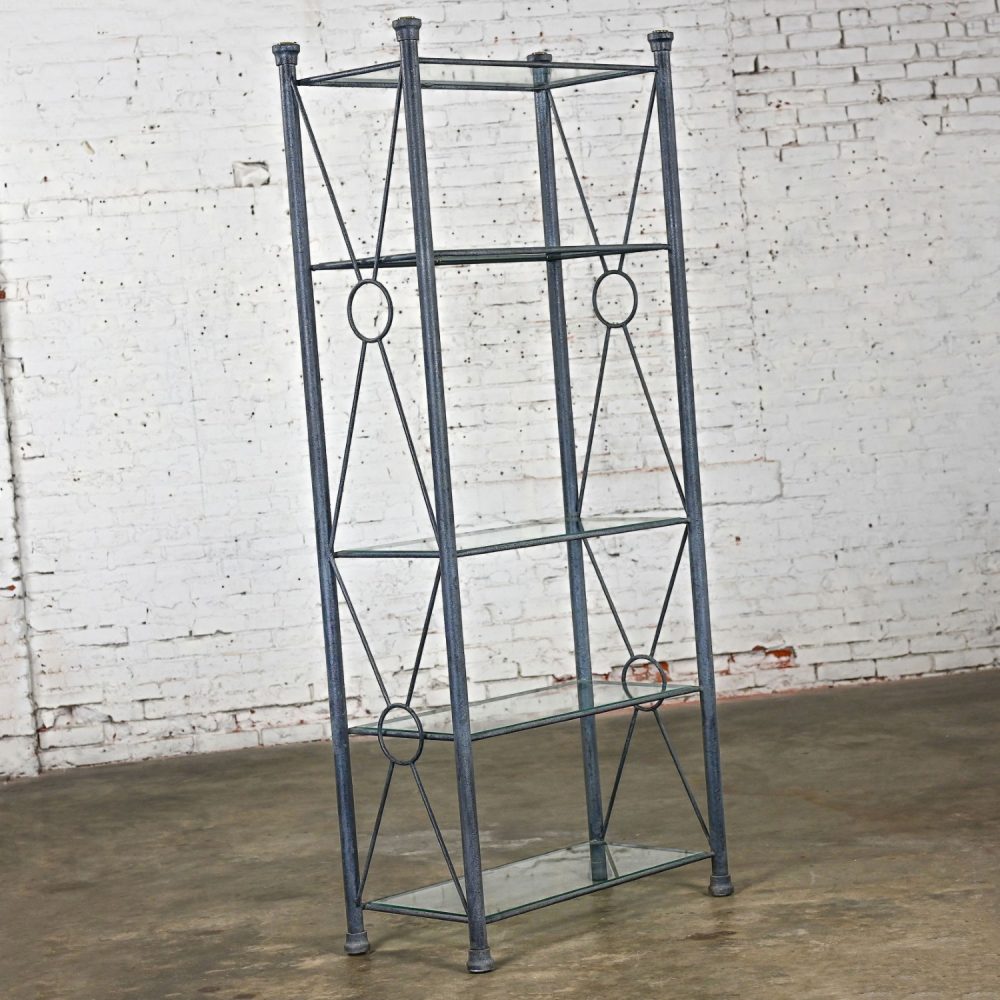 Late 20th Century Modern Etagere w/Black & Charcoal Gray Textured Metal Tube Frame & Glass Shelves