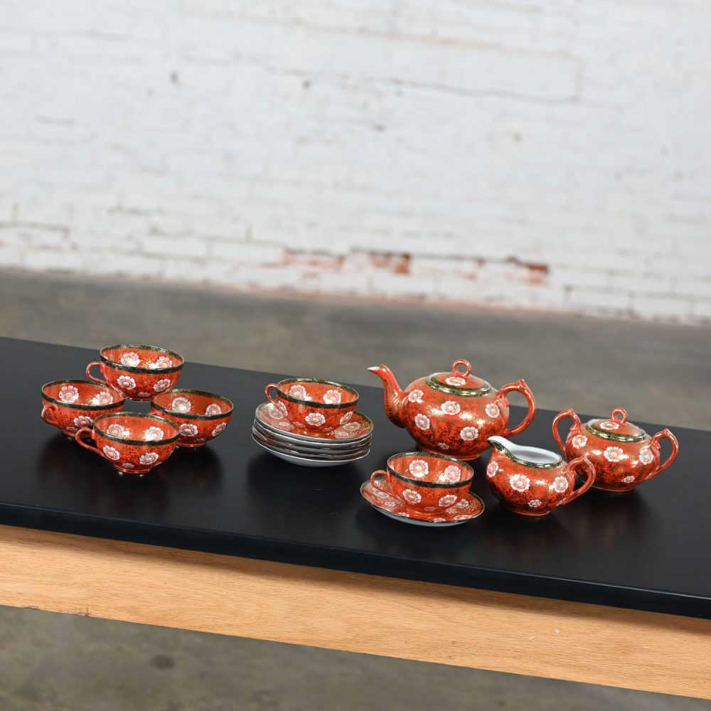 Mid-20th Century Oriental Chinese Red & Gold Hand Painted Porcelain Tea Set Made in Japan