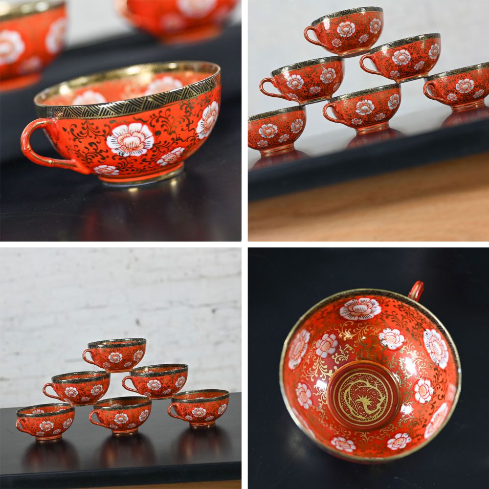 Mid-20th Century Oriental Chinese Red & Gold Hand Painted Porcelain Tea Set Made in Japan