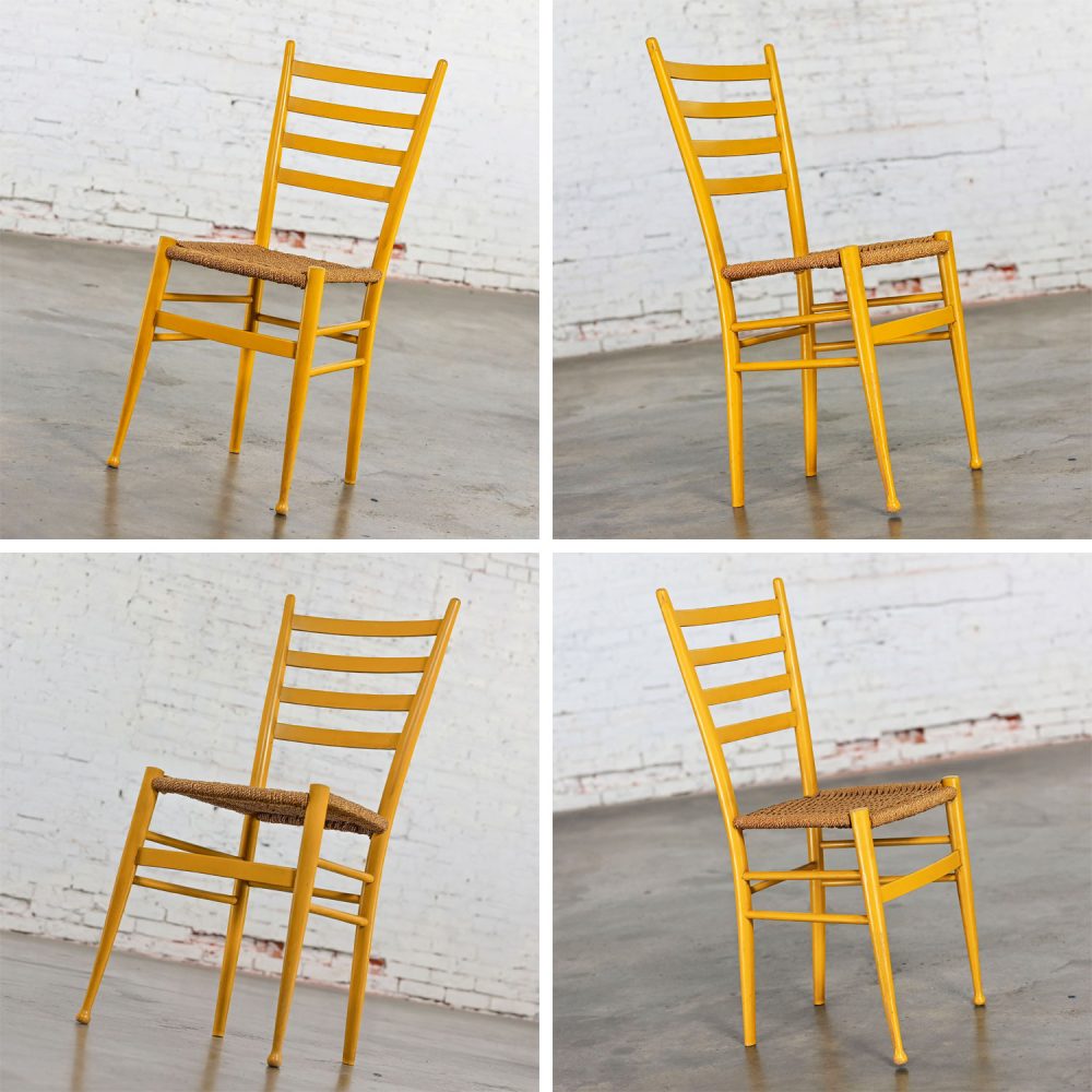 Early to Mid-20th Century Italian Gio Ponti Style Yellow Ladderback Side Chair Woven Seagrass Seat