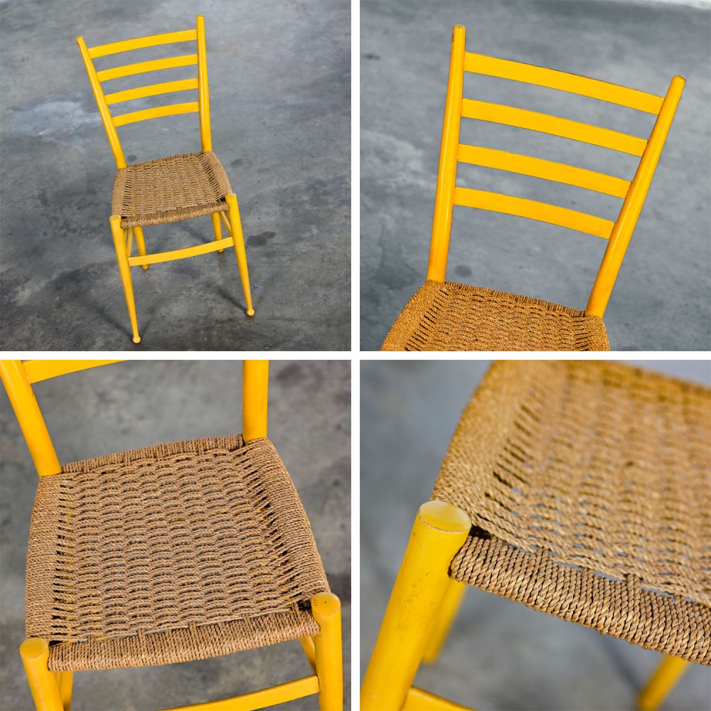 Early to Mid-20th Century Italian Gio Ponti Style Yellow Ladderback Side Chair Woven Seagrass Seat