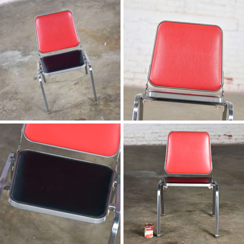 Mid-20th Century MCM Stackables Folding Chair Side Table by Krueger w/Steel Frame Red & Black Vinyl