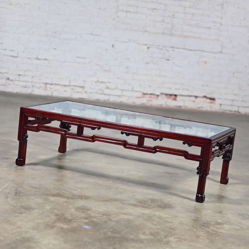 Late 20th Century Ming Style Rosewood Coffee Table with Rectangular Glass Inset Top Made in China