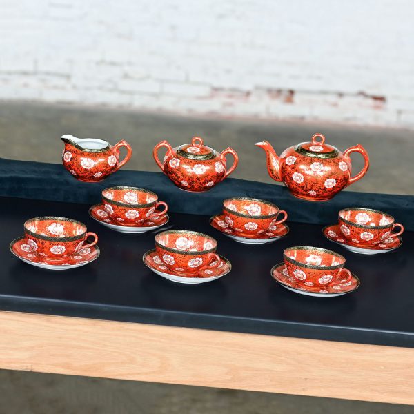 Mid-20th Century Oriental Chinese Red & Gold Hand Painted Porcelain Tea Set Made in Japan