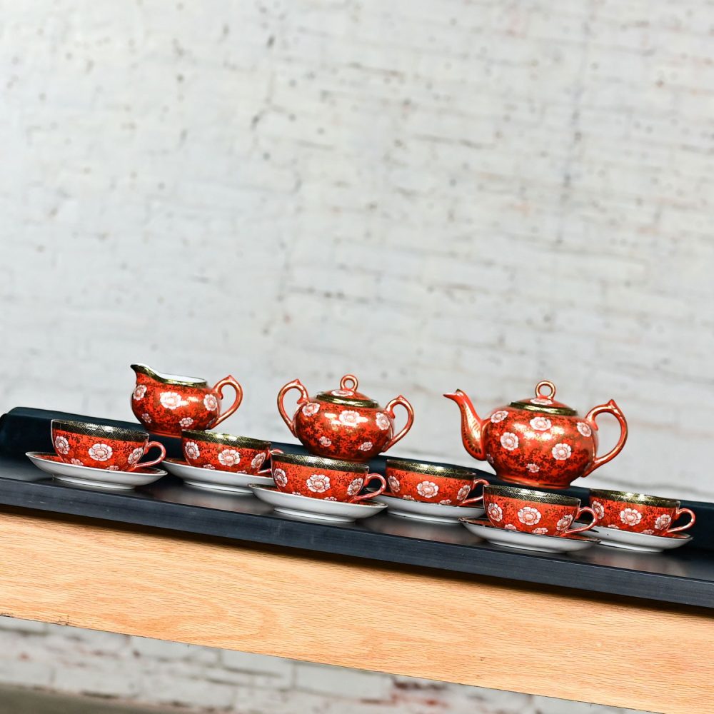 Mid-20th Century Oriental Chinese Red & Gold Hand Painted Porcelain Tea Set Made in Japan