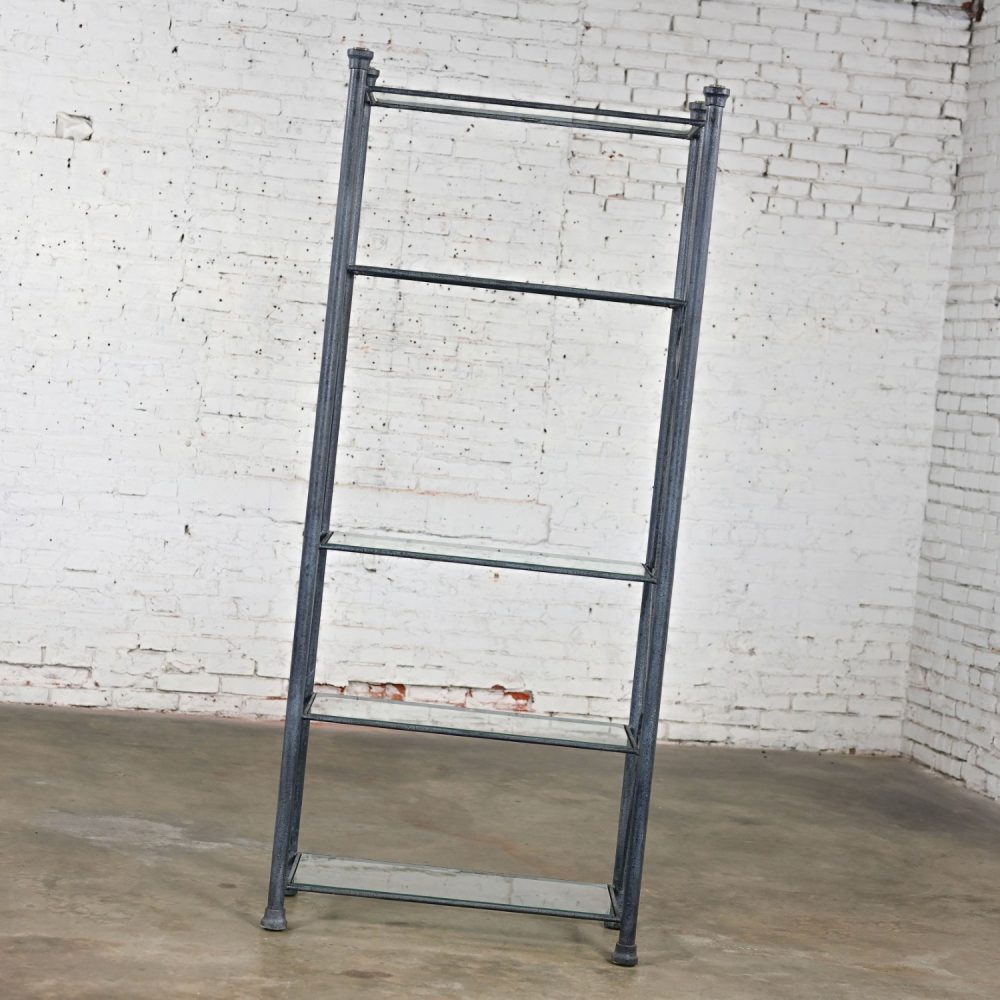 Late 20th Century Modern Etagere w/Black & Charcoal Gray Textured Metal Tube Frame & Glass Shelves