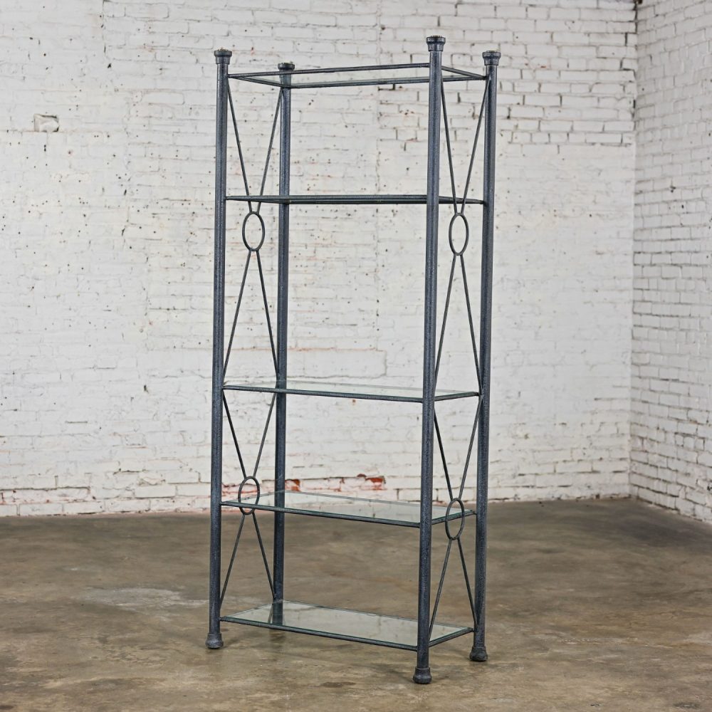 Late 20th Century Modern Etagere w/Black & Charcoal Gray Textured Metal Tube Frame & Glass Shelves