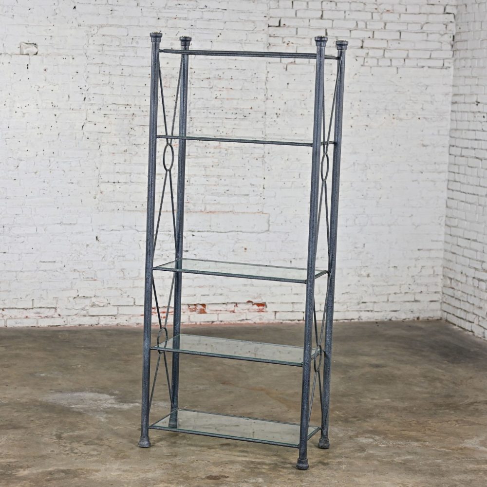 Late 20th Century Modern Etagere w/Black & Charcoal Gray Textured Metal Tube Frame & Glass Shelves