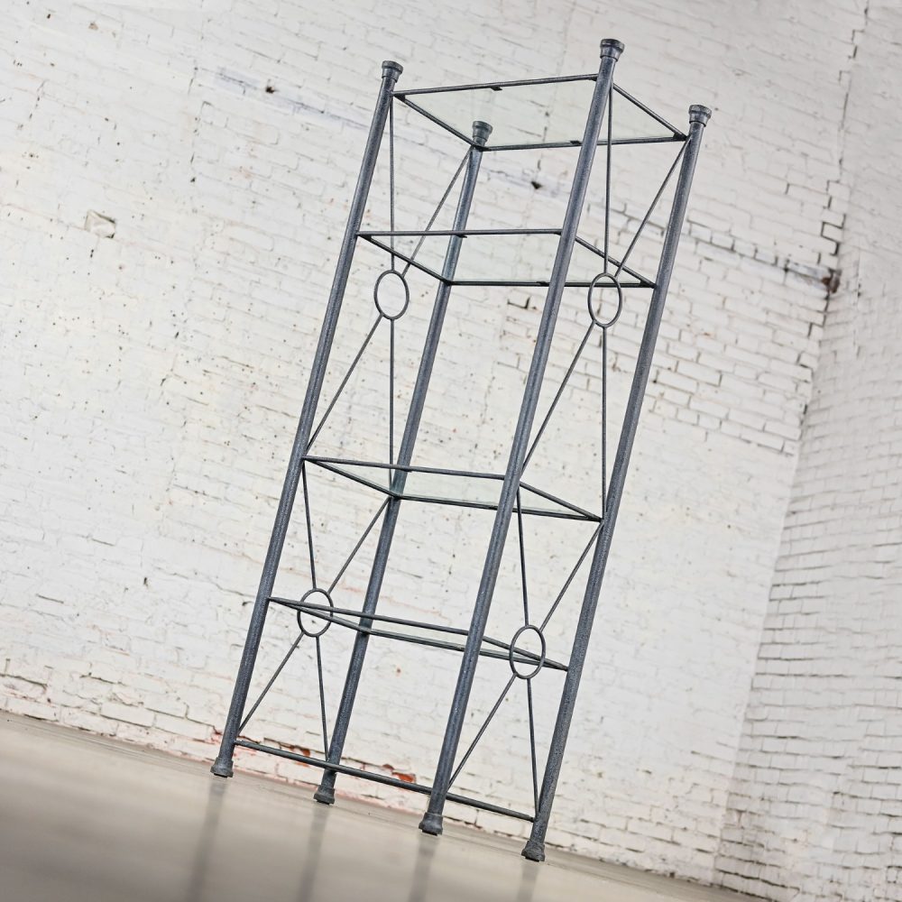 Late 20th Century Modern Etagere w/Black & Charcoal Gray Textured Metal Tube Frame & Glass Shelves