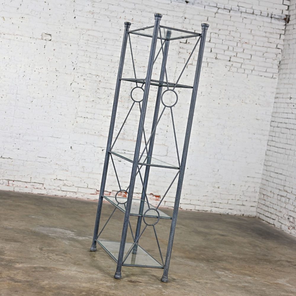 Late 20th Century Modern Etagere w/Black & Charcoal Gray Textured Metal Tube Frame & Glass Shelves