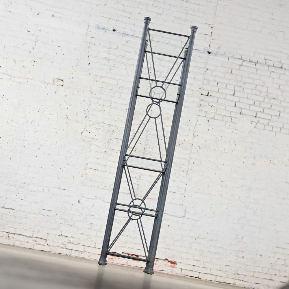 Late 20th Century Modern Etagere w/Black & Charcoal Gray Textured Metal Tube Frame & Glass Shelves