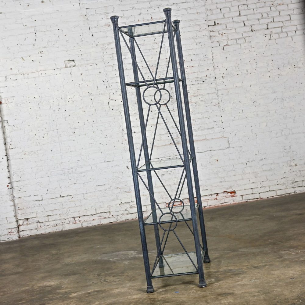 Late 20th Century Modern Etagere w/Black & Charcoal Gray Textured Metal Tube Frame & Glass Shelves