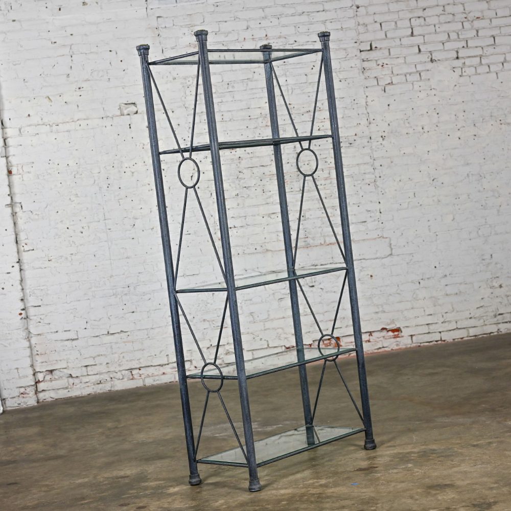 Late 20th Century Modern Etagere w/Black & Charcoal Gray Textured Metal Tube Frame & Glass Shelves