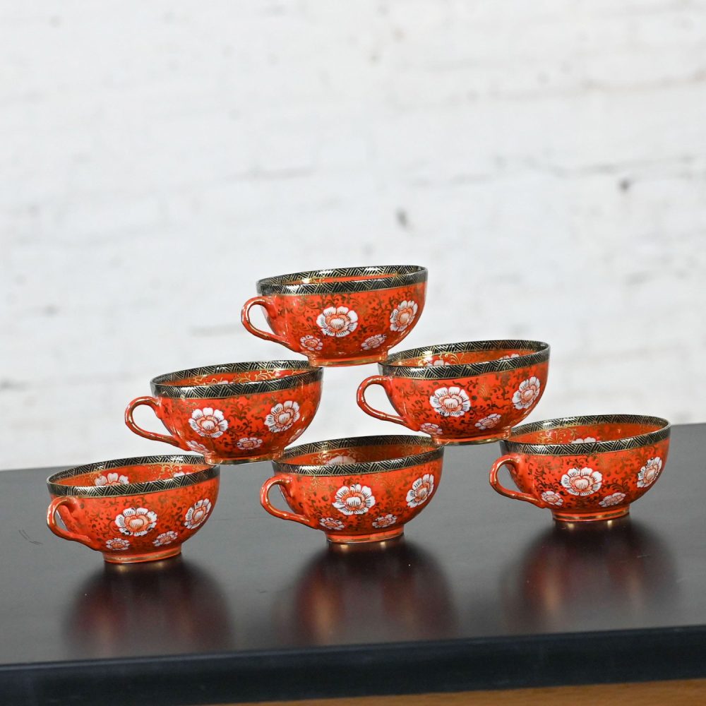 Mid-20th Century Oriental Chinese Red & Gold Hand Painted Porcelain Tea Set Made in Japan