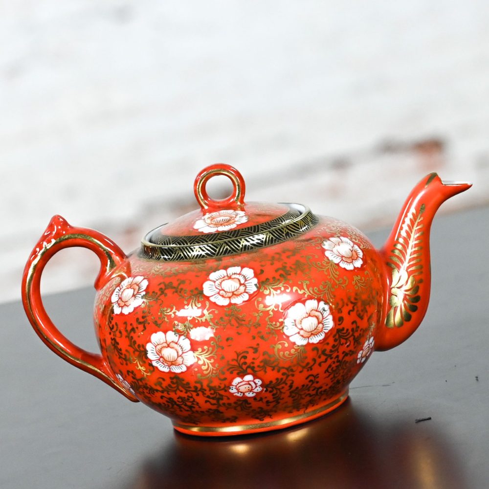 Mid-20th Century Oriental Chinese Red & Gold Hand Painted Porcelain Tea Set Made in Japan