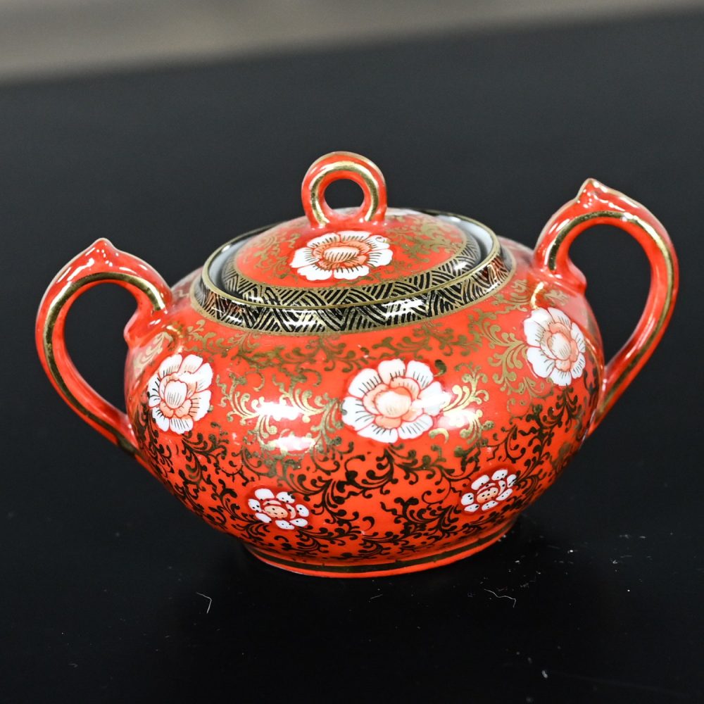 Mid-20th Century Oriental Chinese Red & Gold Hand Painted Porcelain Tea Set Made in Japan