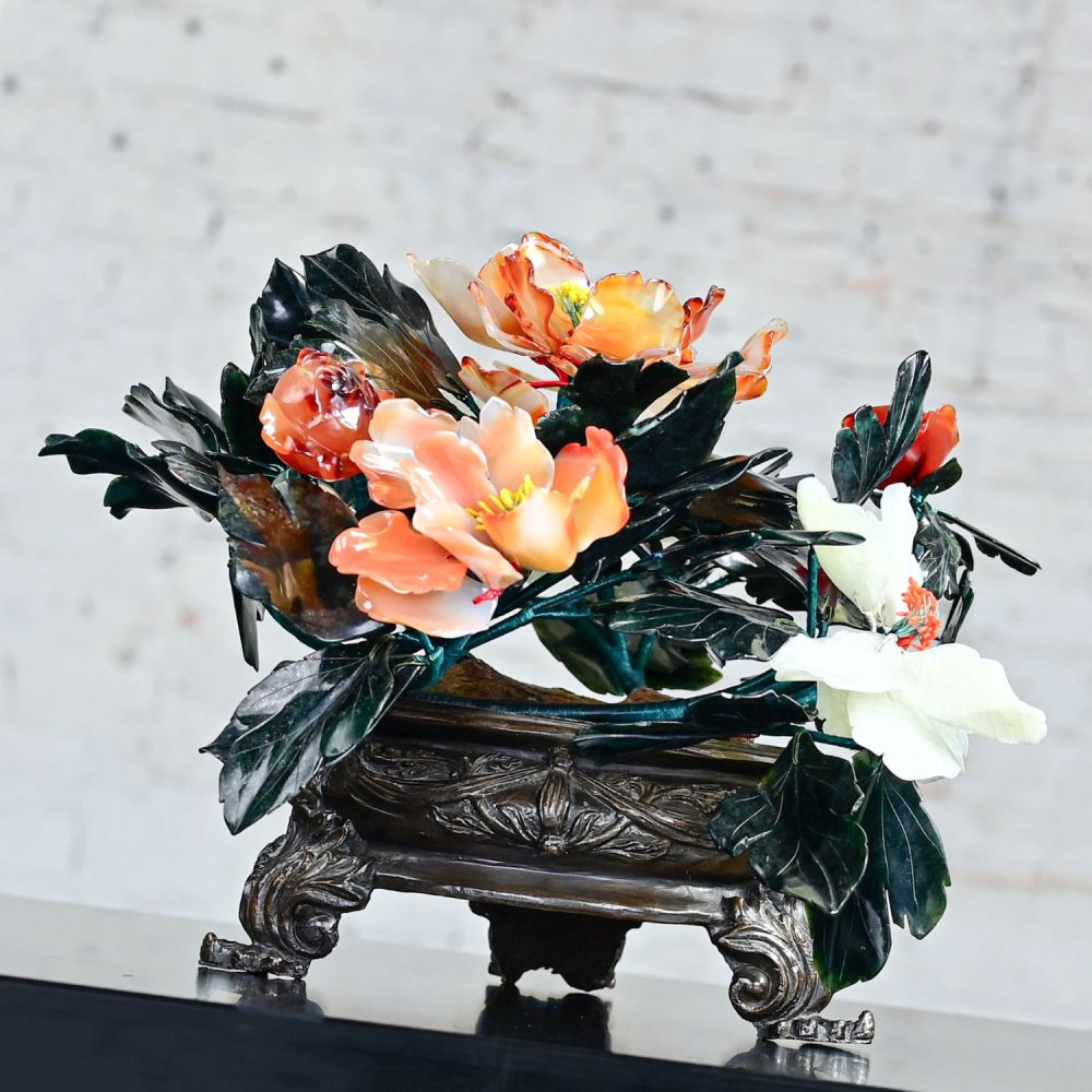 20th Century Chinese Hand Carved Carnelian Hardstone Floral Centerpiece & Cast Bronze Base