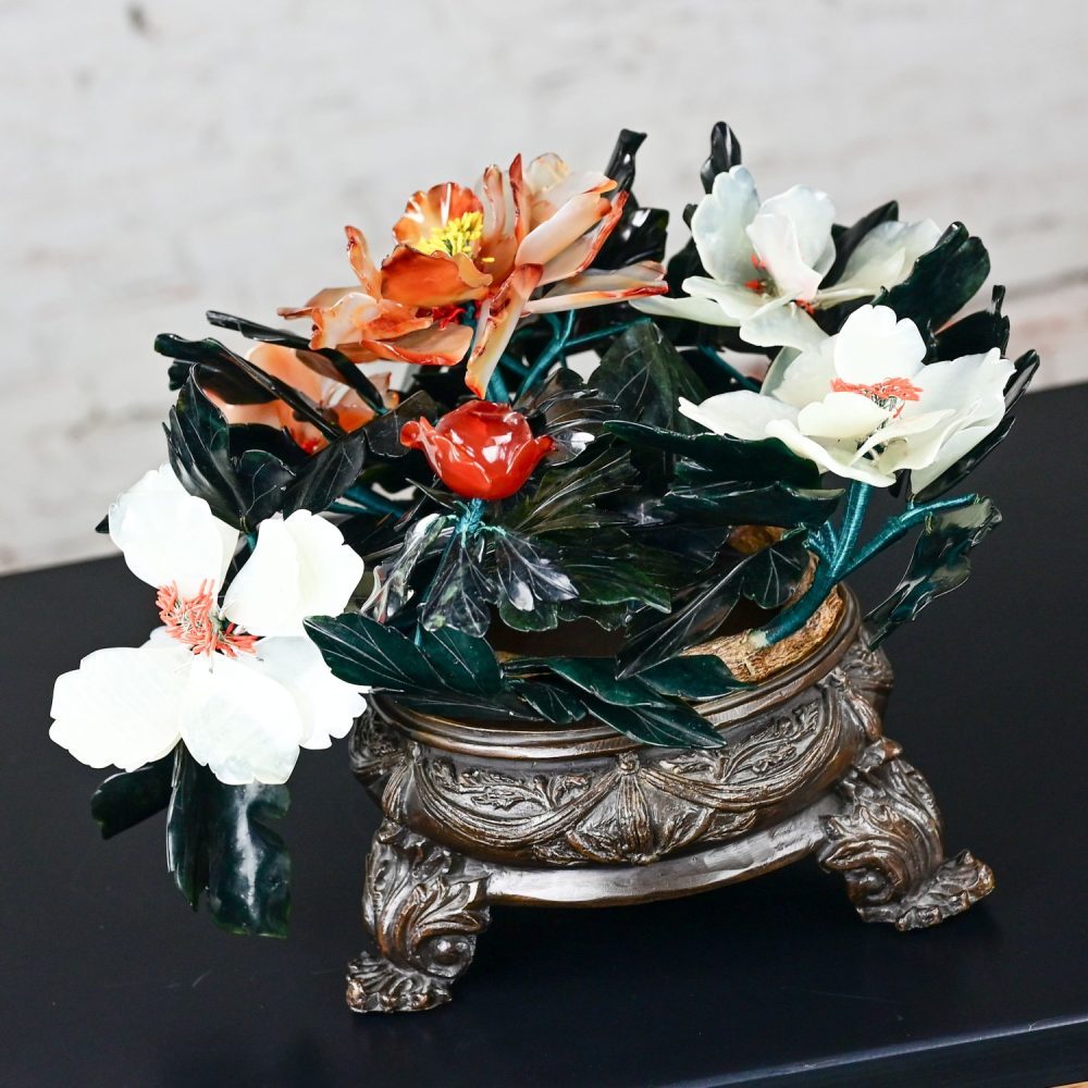 20th Century Chinese Hand Carved Carnelian Hardstone Floral Centerpiece & Cast Bronze Base