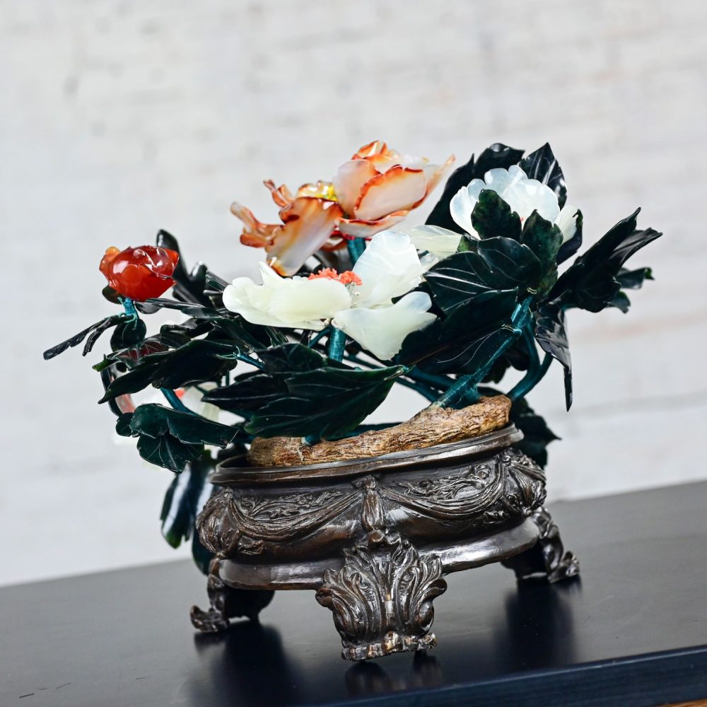 20th Century Chinese Hand Carved Carnelian Hardstone Floral Centerpiece & Cast Bronze Base