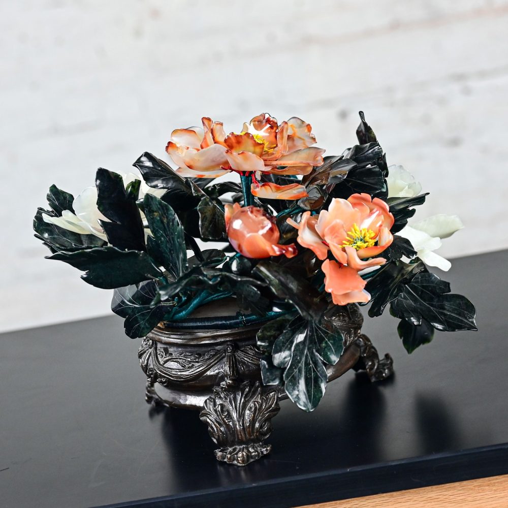 20th Century Chinese Hand Carved Carnelian Hardstone Floral Centerpiece & Cast Bronze Base