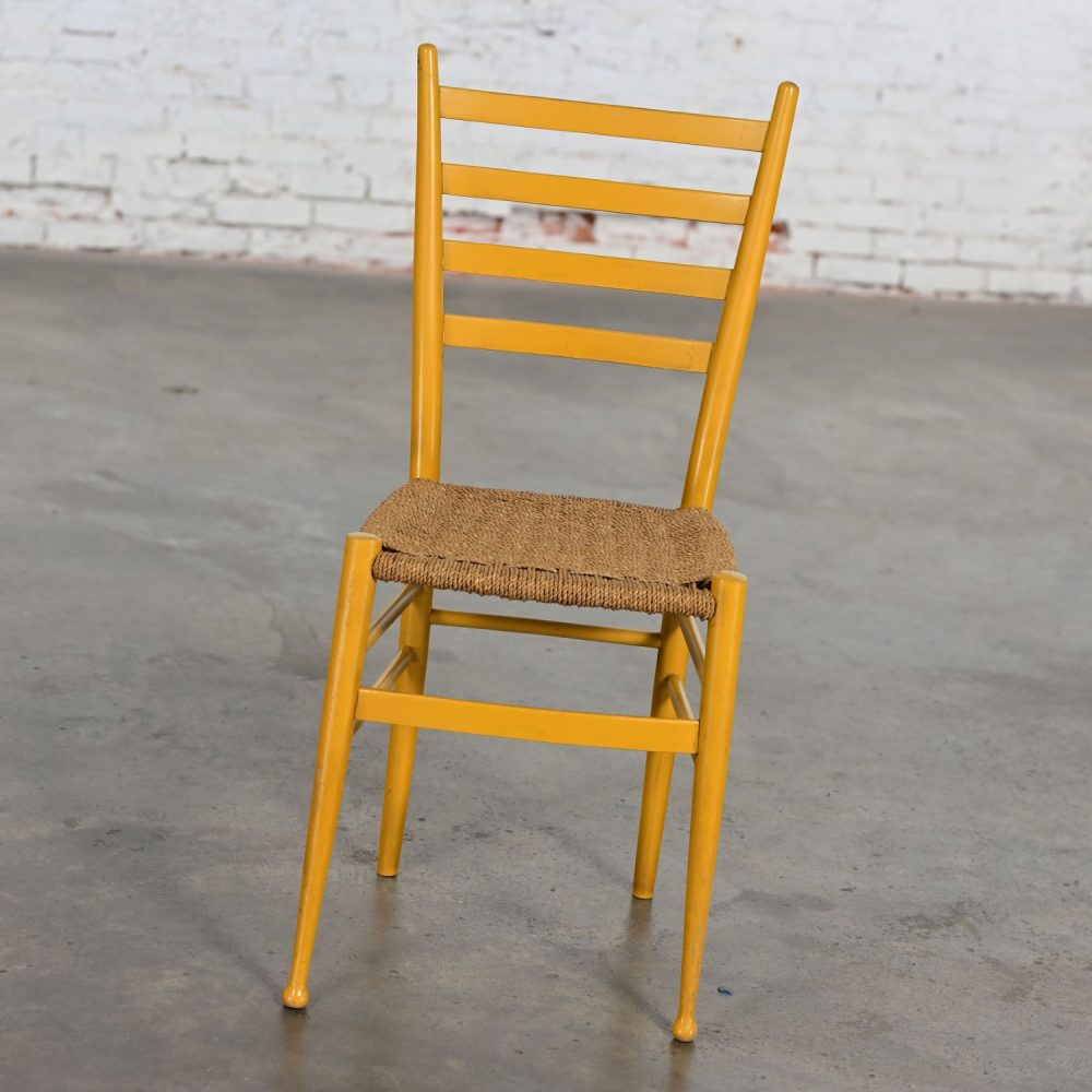 Early to Mid-20th Century Italian Gio Ponti Style Yellow Ladderback Side Chair Woven Seagrass Seat