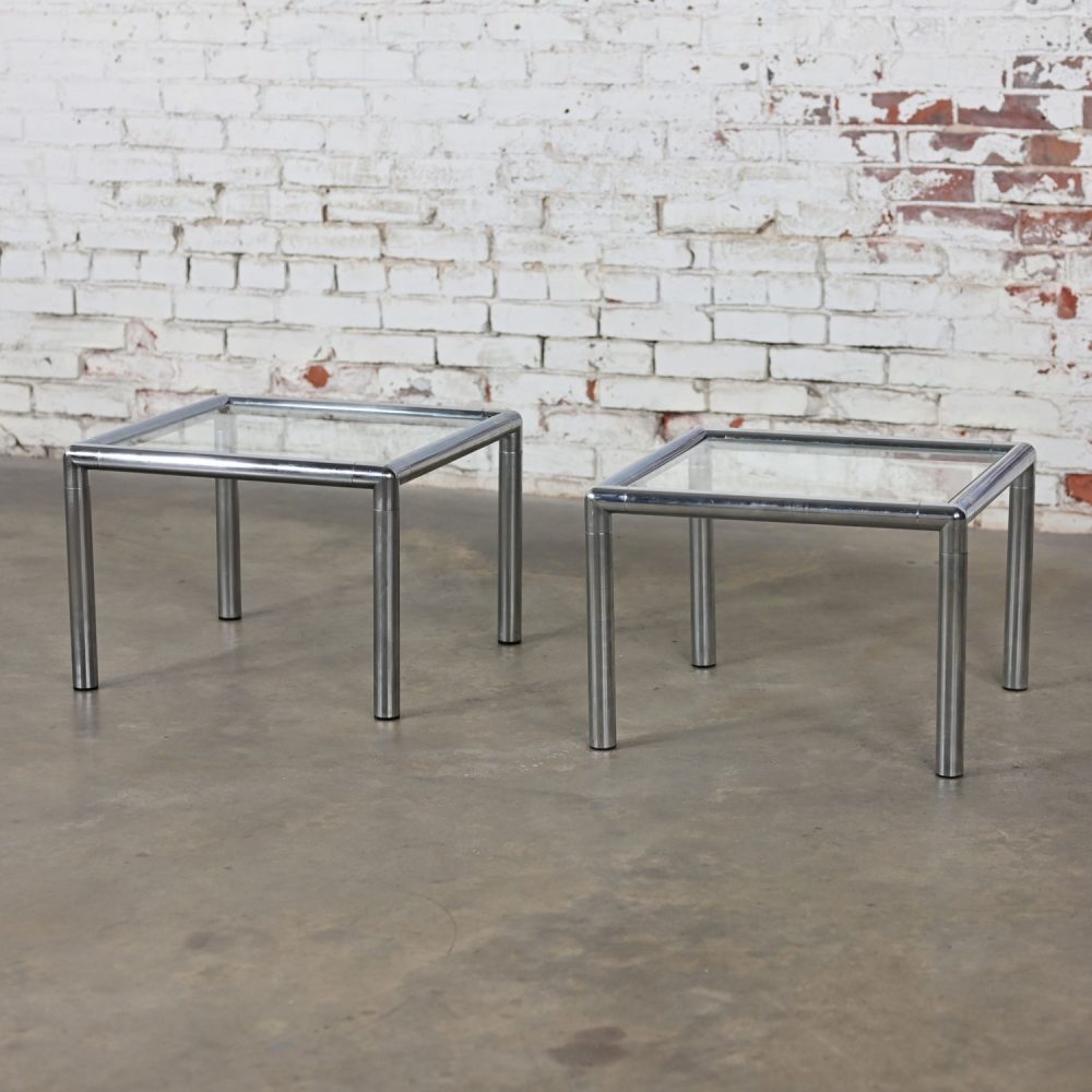 1970’s MCM to Modern Lane Furniture Side or End Tables Square Chrome Frames & Glass Tops a Pair