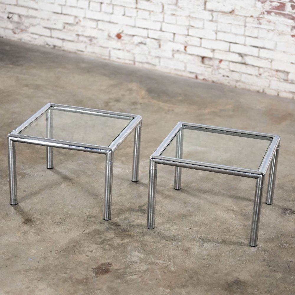 1970’s MCM to Modern Lane Furniture Side or End Tables Square Chrome Frames & Glass Tops a Pair