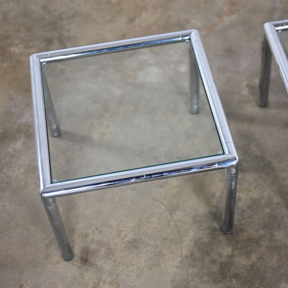 1970’s MCM to Modern Lane Furniture Side or End Tables Square Chrome Frames & Glass Tops a Pair