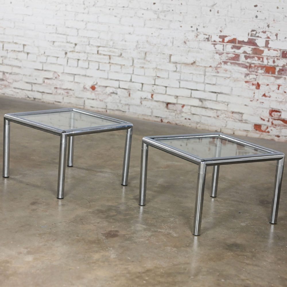 1970’s MCM to Modern Lane Furniture Side or End Tables Square Chrome Frames & Glass Tops a Pair