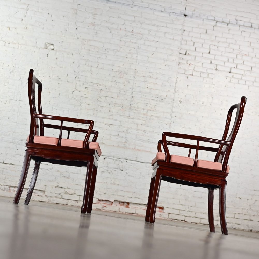 Late 20th Century Ming Style Rosewood Armchairs with Pink Velvet Seat Cushions Made in China a Pair