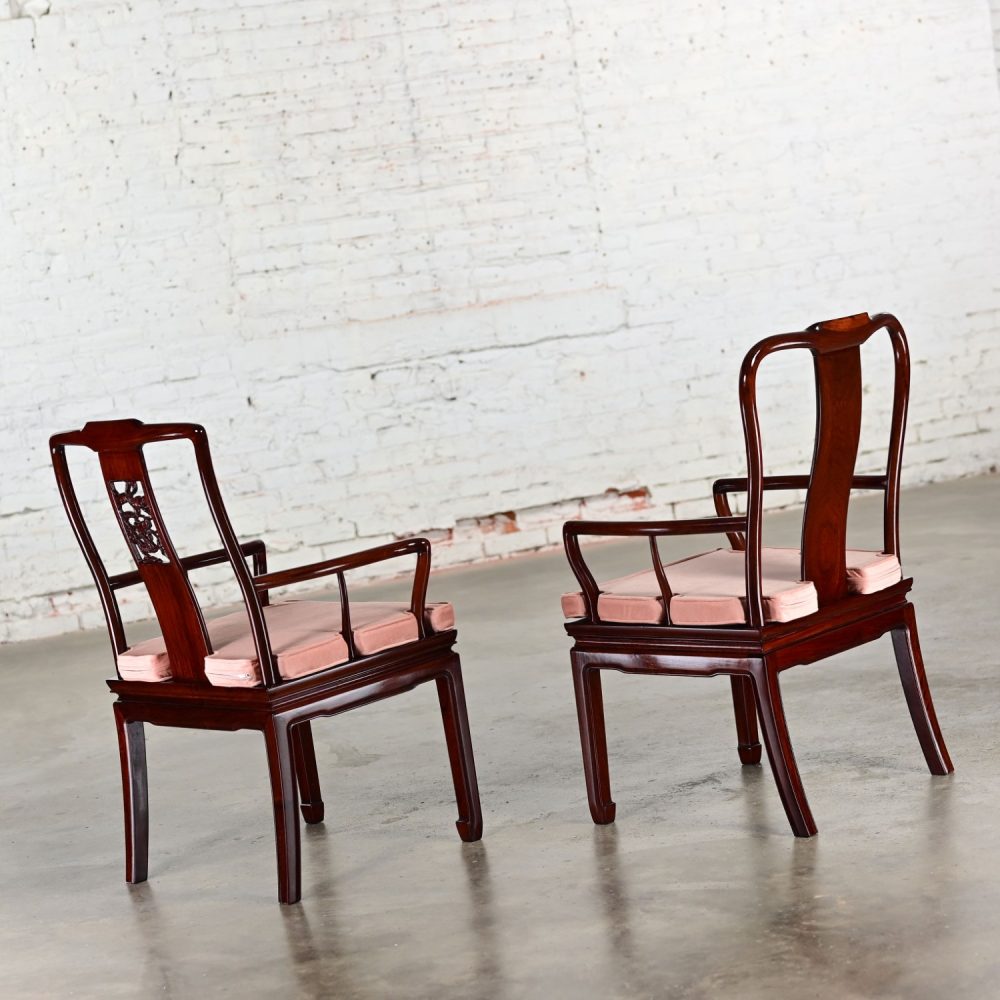 Late 20th Century Ming Style Rosewood Armchairs with Pink Velvet Seat Cushions Made in China a Pair