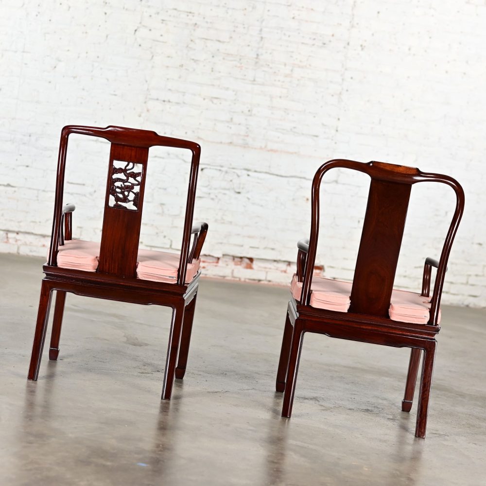 Late 20th Century Ming Style Rosewood Armchairs with Pink Velvet Seat Cushions Made in China a Pair