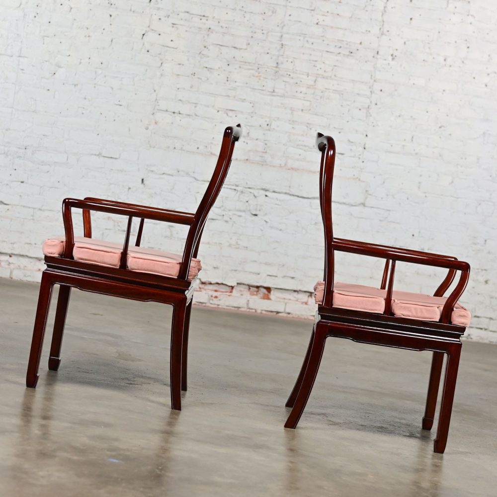 Late 20th Century Ming Style Rosewood Armchairs with Pink Velvet Seat Cushions Made in China a Pair