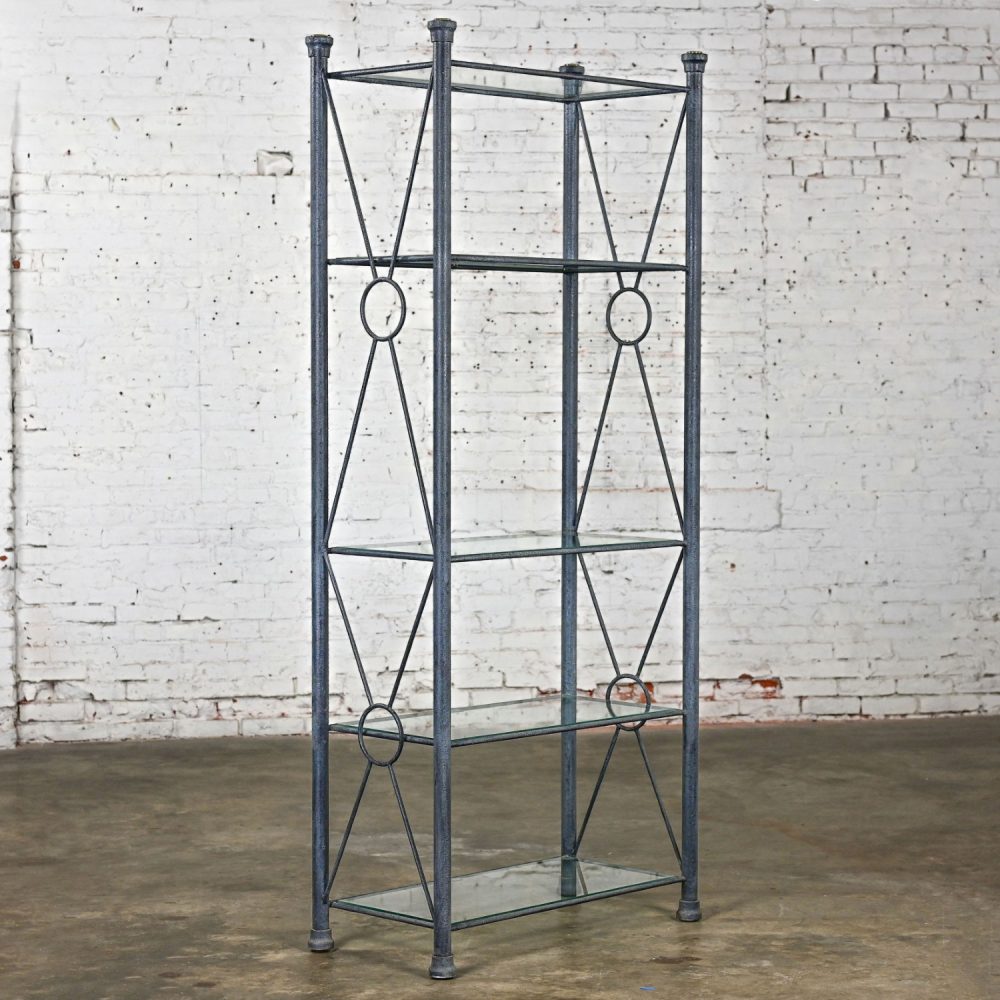 Late 20th Century Modern Etagere w/Black & Charcoal Gray Textured Metal Tube Frame & Glass Shelves