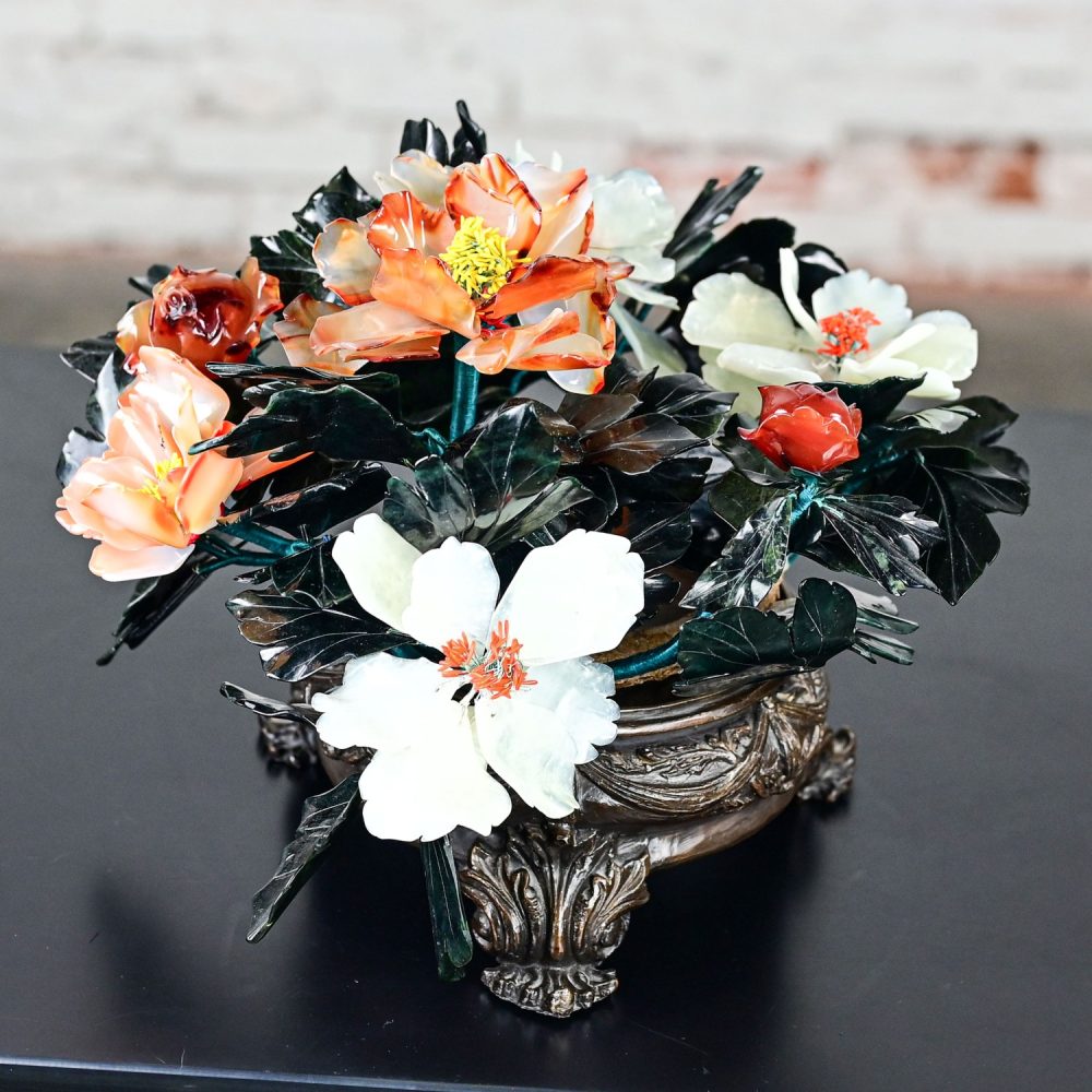 20th Century Chinese Hand Carved Carnelian Hardstone Floral Centerpiece & Cast Bronze Base