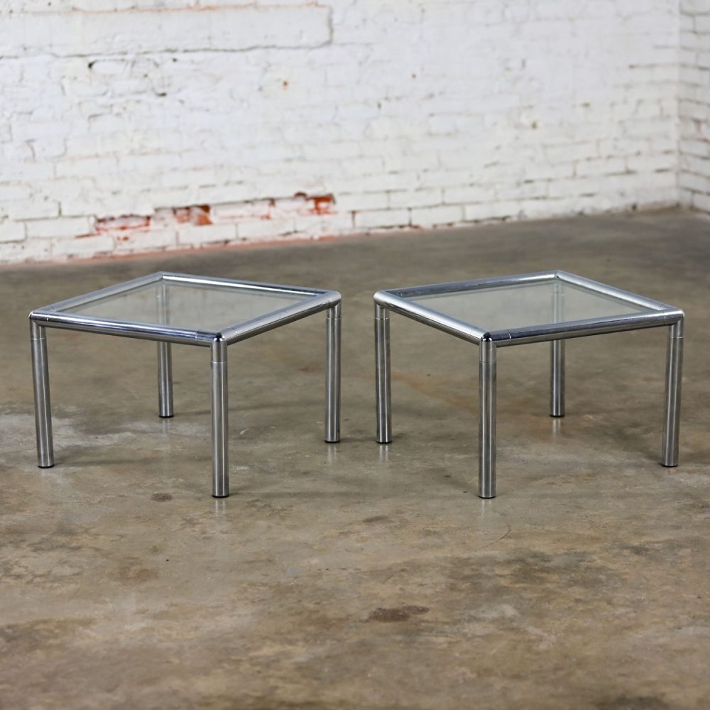 1970’s MCM to Modern Lane Furniture Side or End Tables Square Chrome Frames & Glass Tops a Pair