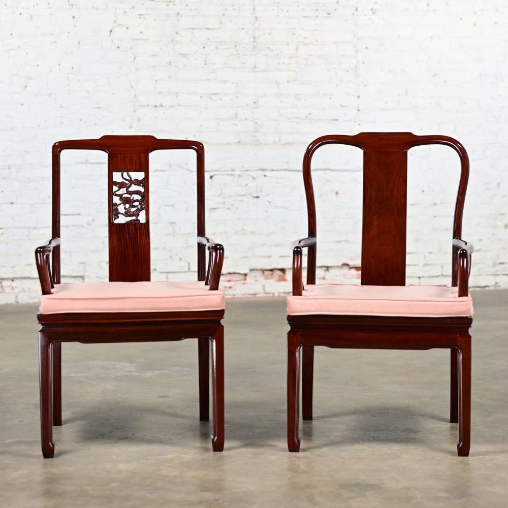 Late 20th Century Ming Style Rosewood Armchairs with Pink Velvet Seat Cushions Made in China a Pair