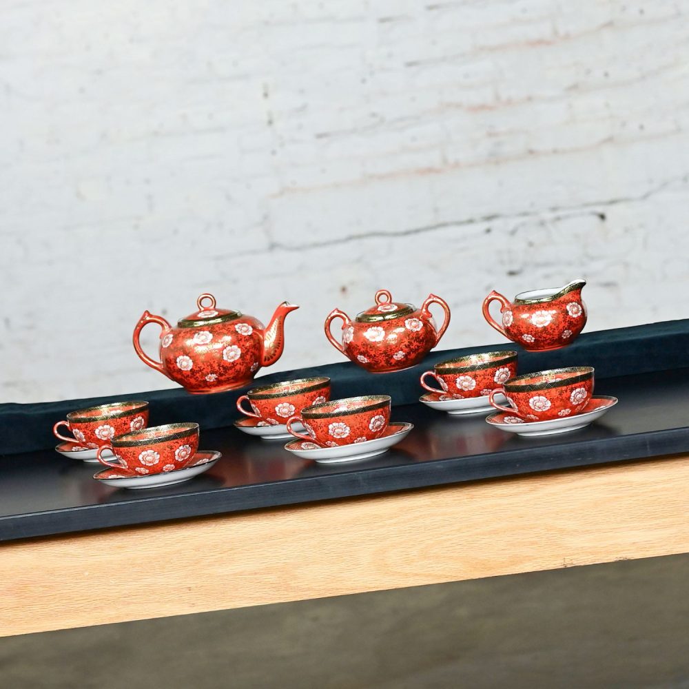 Mid-20th Century Oriental Chinese Red & Gold Hand Painted Porcelain Tea Set Made in Japan