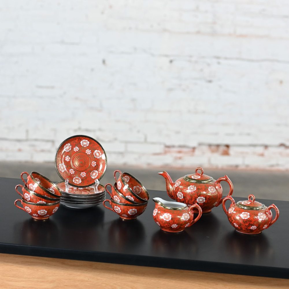 Mid-20th Century Oriental Chinese Red & Gold Hand Painted Porcelain Tea Set Made in Japan