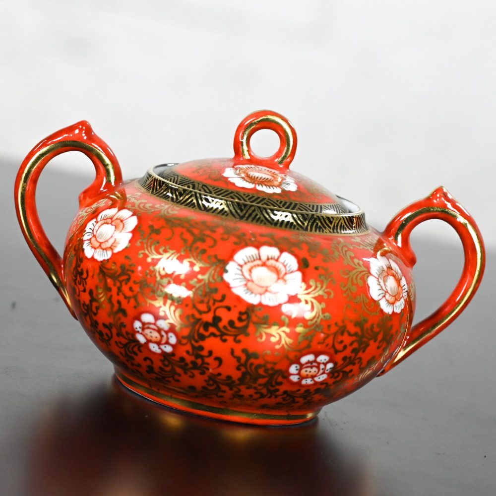 Mid-20th Century Oriental Chinese Red & Gold Hand Painted Porcelain Tea Set Made in Japan