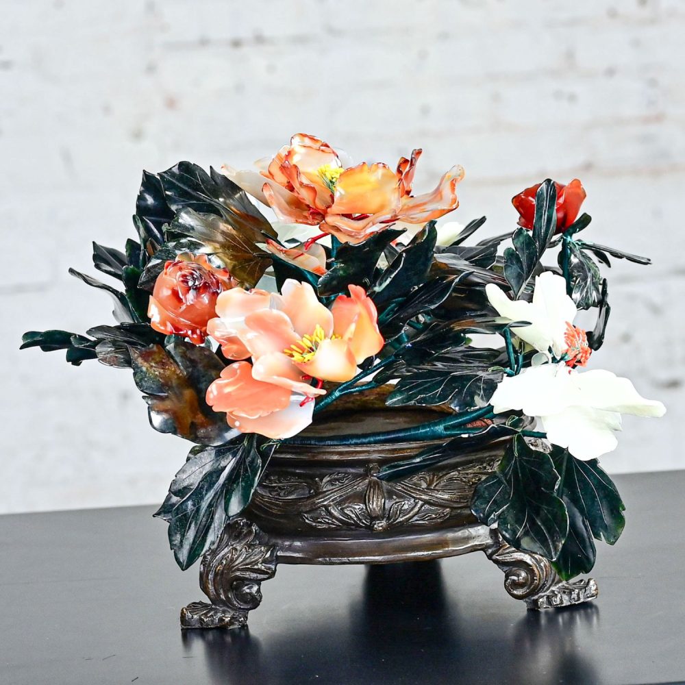 20th Century Chinese Hand Carved Carnelian Hardstone Floral Centerpiece & Cast Bronze Base