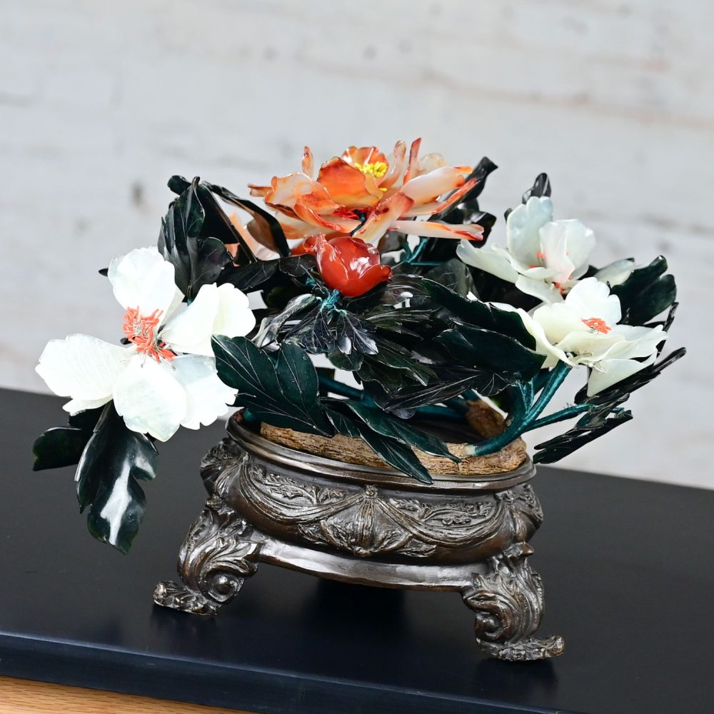 20th Century Chinese Hand Carved Carnelian Hardstone Floral Centerpiece & Cast Bronze Base