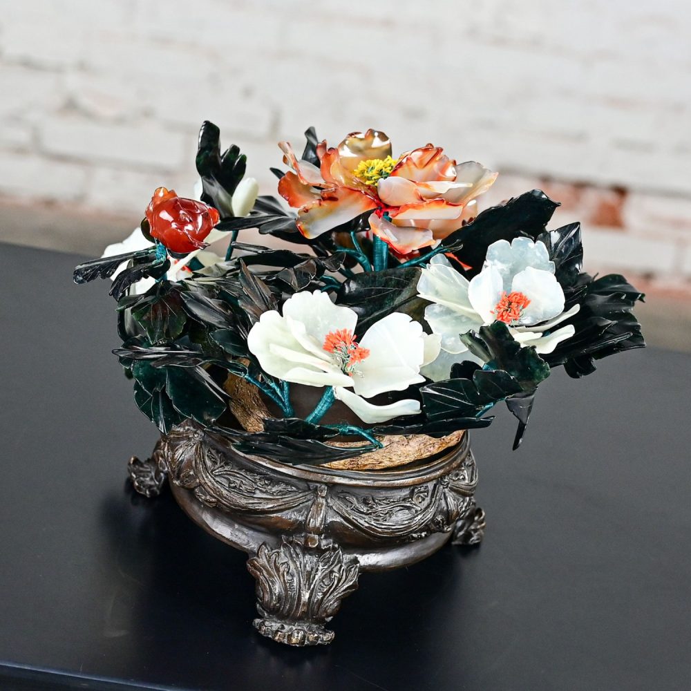 20th Century Chinese Hand Carved Carnelian Hardstone Floral Centerpiece & Cast Bronze Base