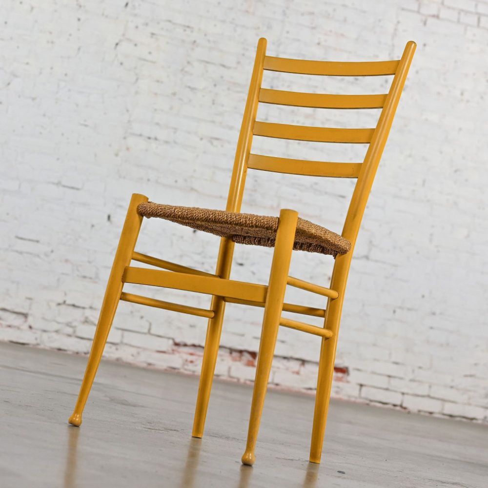 Early to Mid-20th Century Italian Gio Ponti Style Yellow Ladderback Side Chair Woven Seagrass Seat