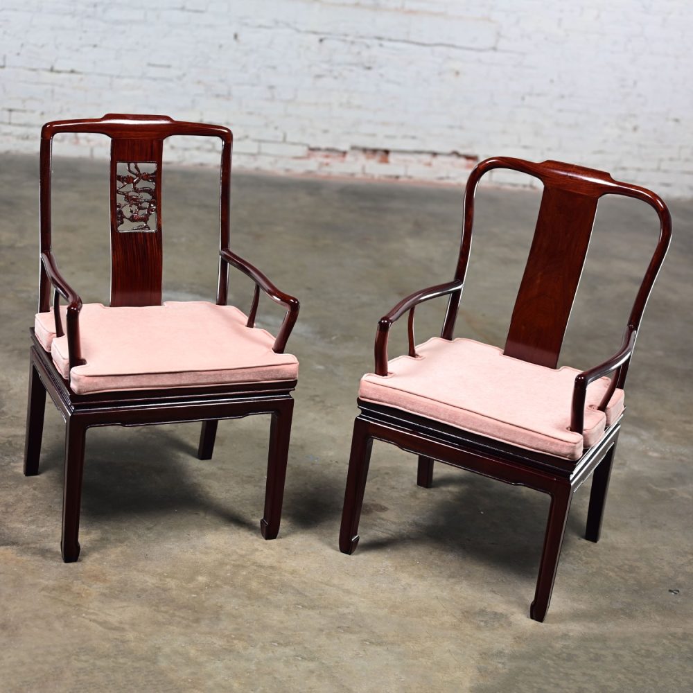 Late 20th Century Ming Style Rosewood Armchairs with Pink Velvet Seat Cushions Made in China a Pair