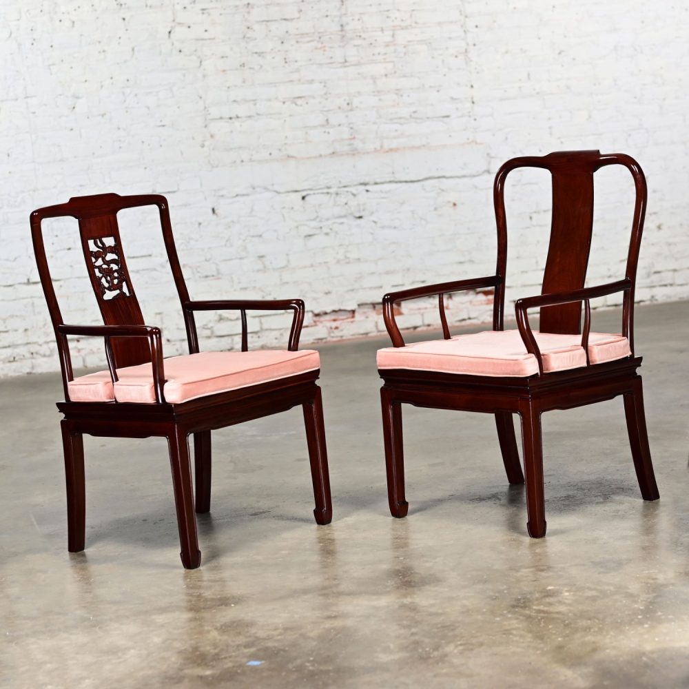 Late 20th Century Ming Style Rosewood Armchairs with Pink Velvet Seat Cushions Made in China a Pair