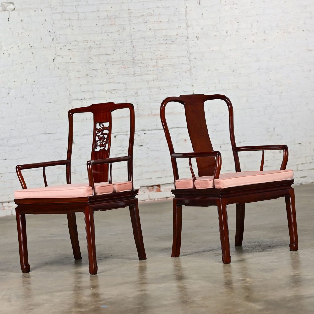 Late 20th Century Ming Style Rosewood Armchairs with Pink Velvet Seat Cushions Made in China a Pair